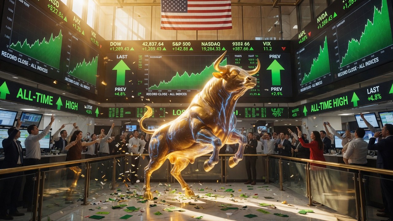 US stock market bull on trading floor at record highs