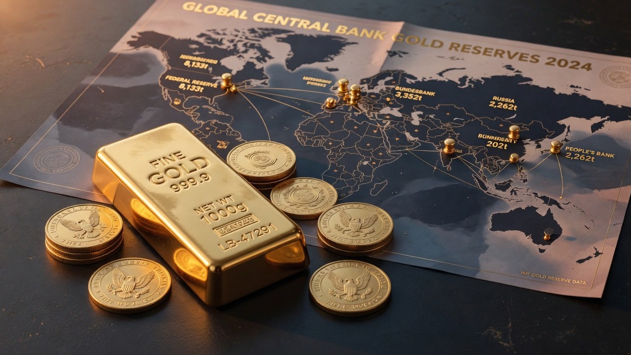 Gold bullion bars and coins with central bank map