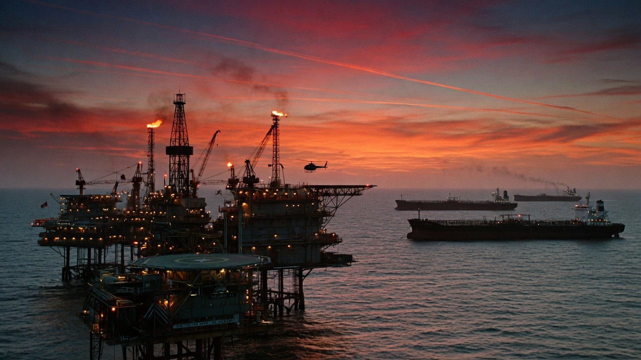 Offshore oil platform at dusk with tankers on the horizon