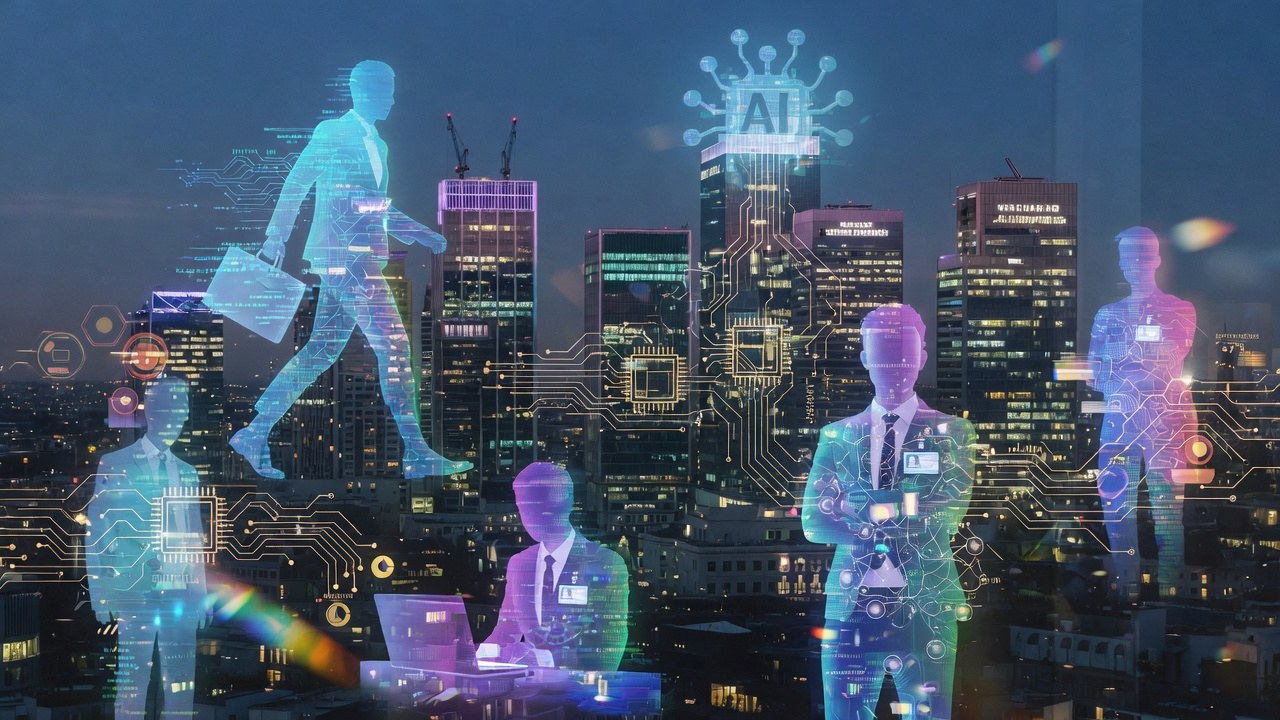 Office skyline with AI holograms overlapping human silhouettes